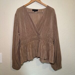 Eloquii Womens 22 Blouse Long Sleeve Peplum Pleated Bronze Shimmer Babydoll Chic